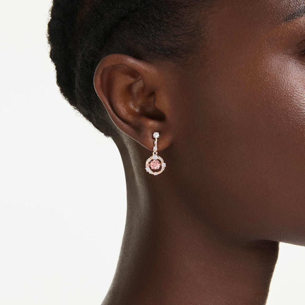Swarovski Constella drop earrings Round cut, Dancing stone, Pink, 18K rose gold finish