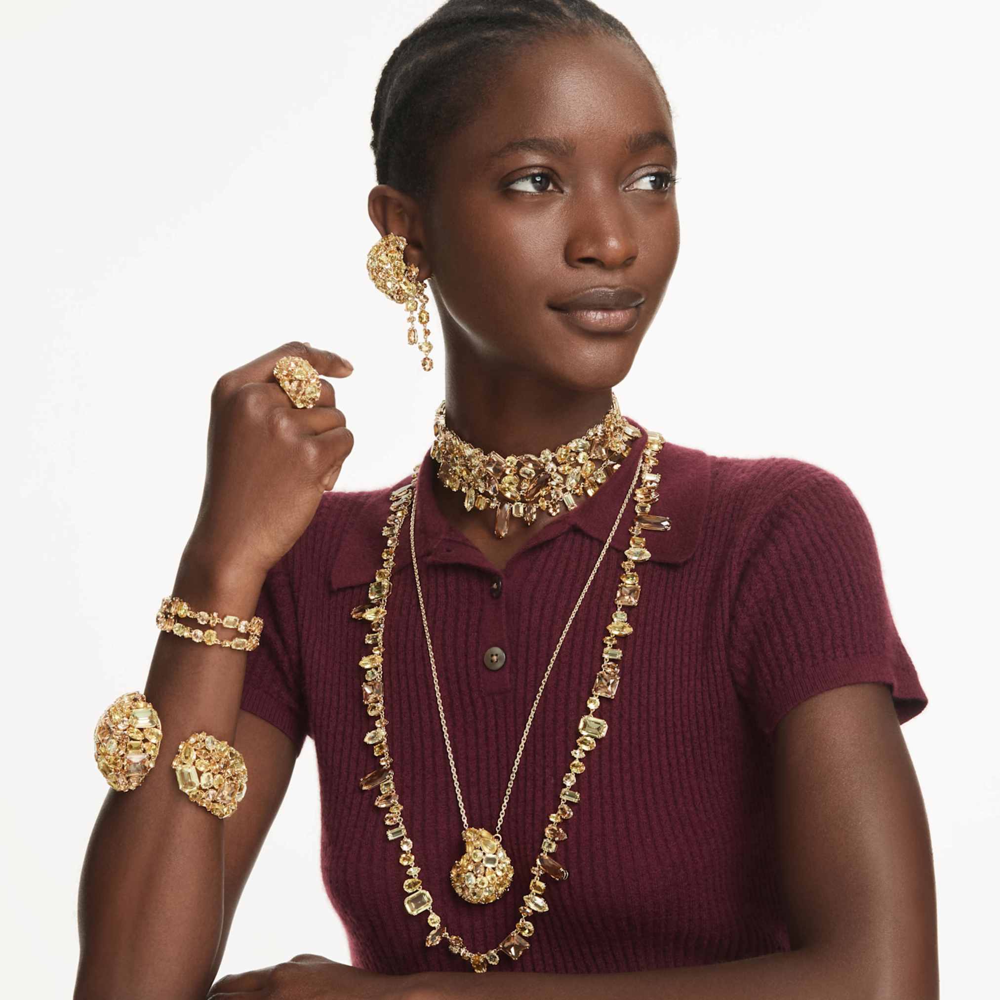 Swarovski Gema necklace Mixed cuts, Yellow, 18K gold finish