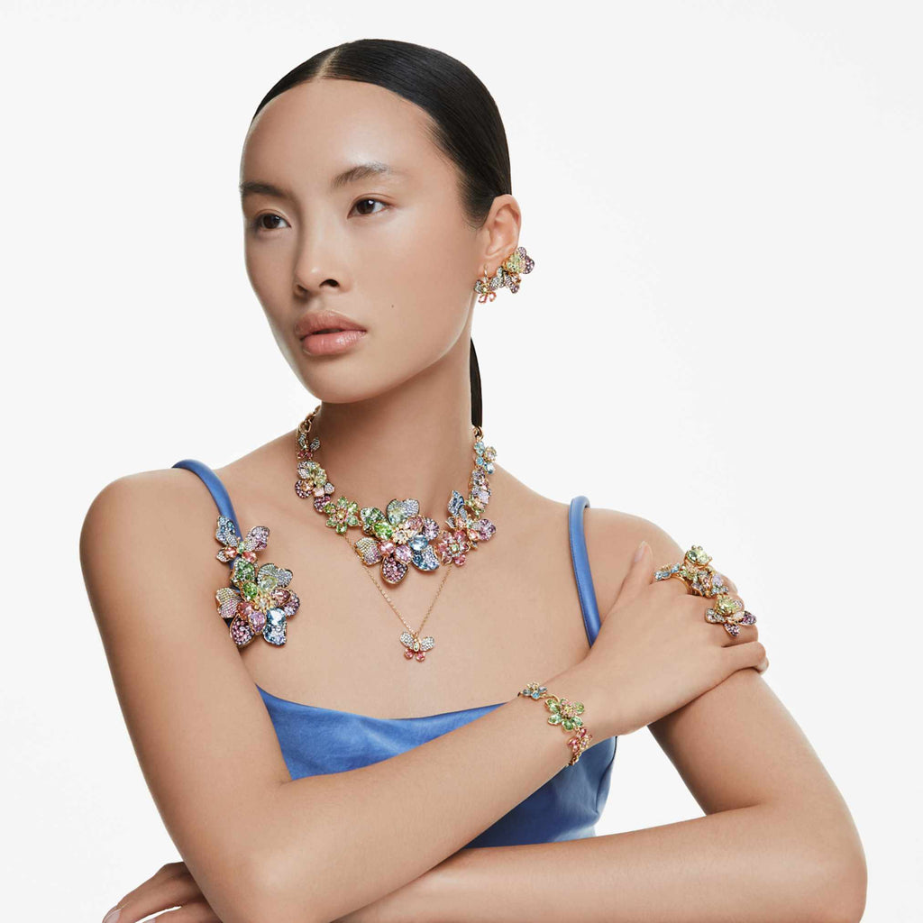Swarovski Idyllia pendant and brooch Mixed cuts, Pavé, Butterfly, Multicolored, 18K gold finish
