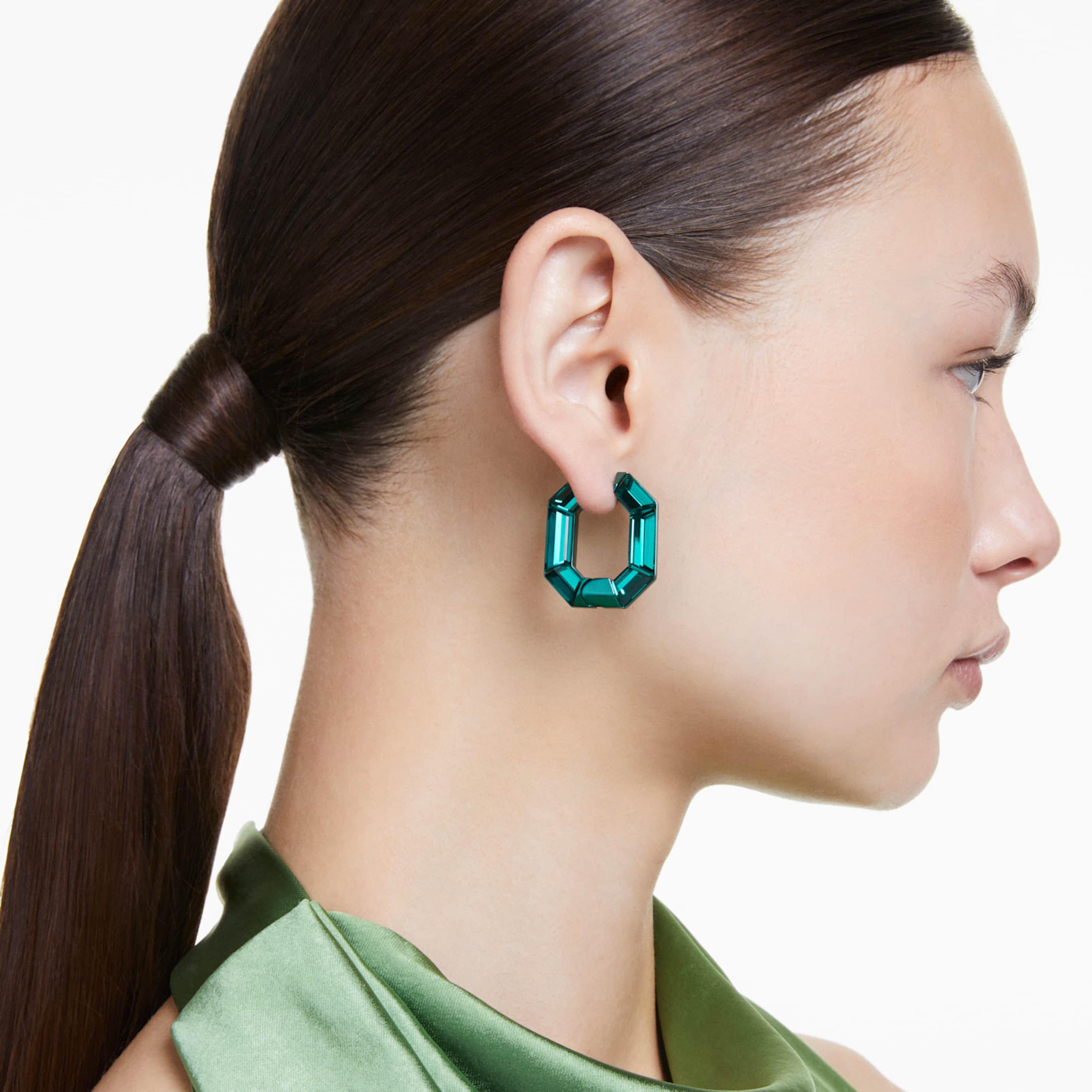 Swarovski Lucent hoop earrings Octagon shape, Small, Blue