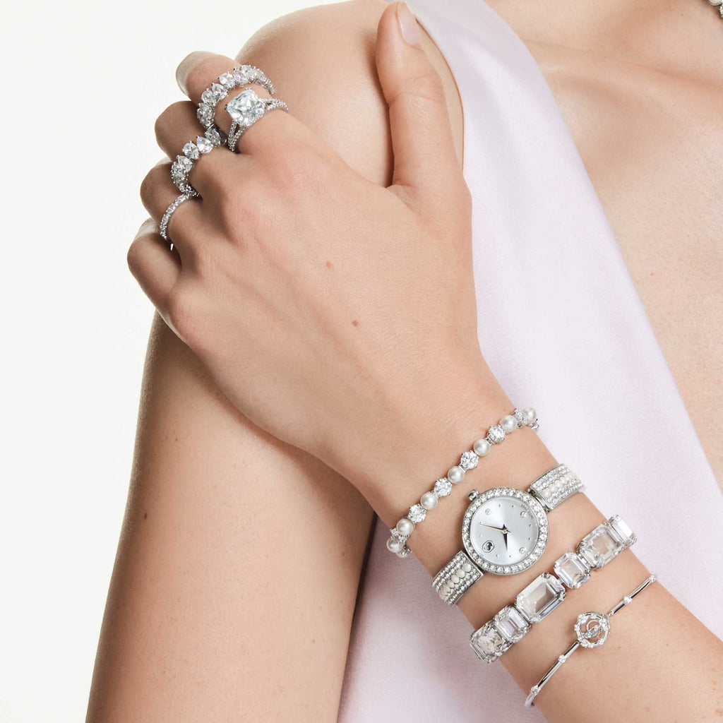 Swarovski Matrix pearl bangle watch Swiss Made, Crystal bracelet, White, Stainless steel