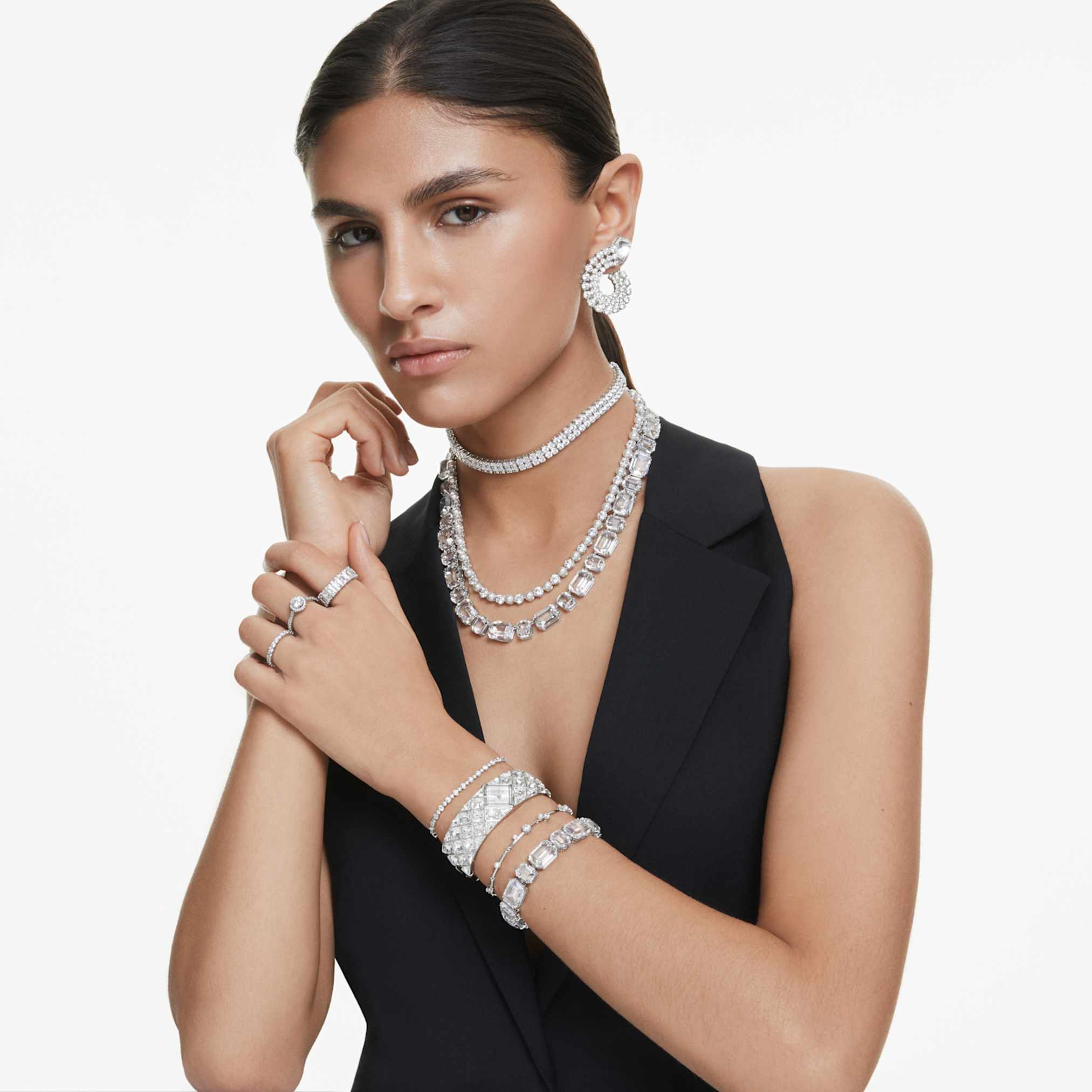 Swarovski Matrix Tennis necklace Crystal pearl, Round cut, White, Rhodium plated