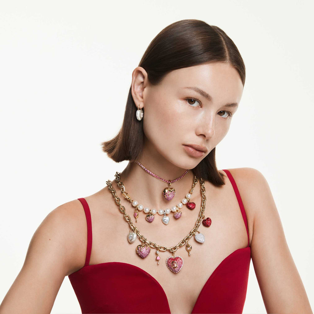 Swarovski Matrix Tennis necklace Round cut, Pink, 18K gold finish