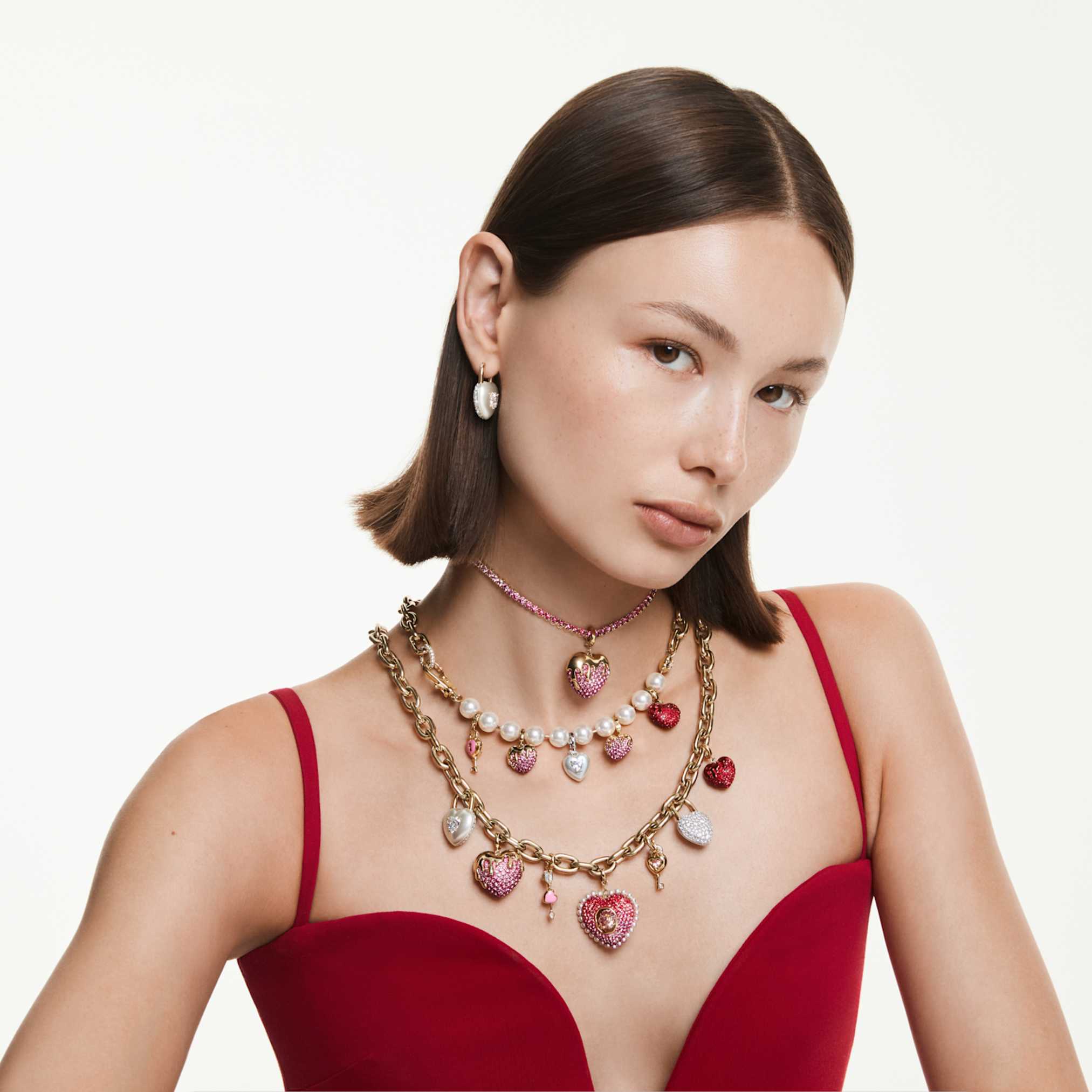 Swarovski Matrix Tennis necklace Round cut, Pink, 18K gold finish