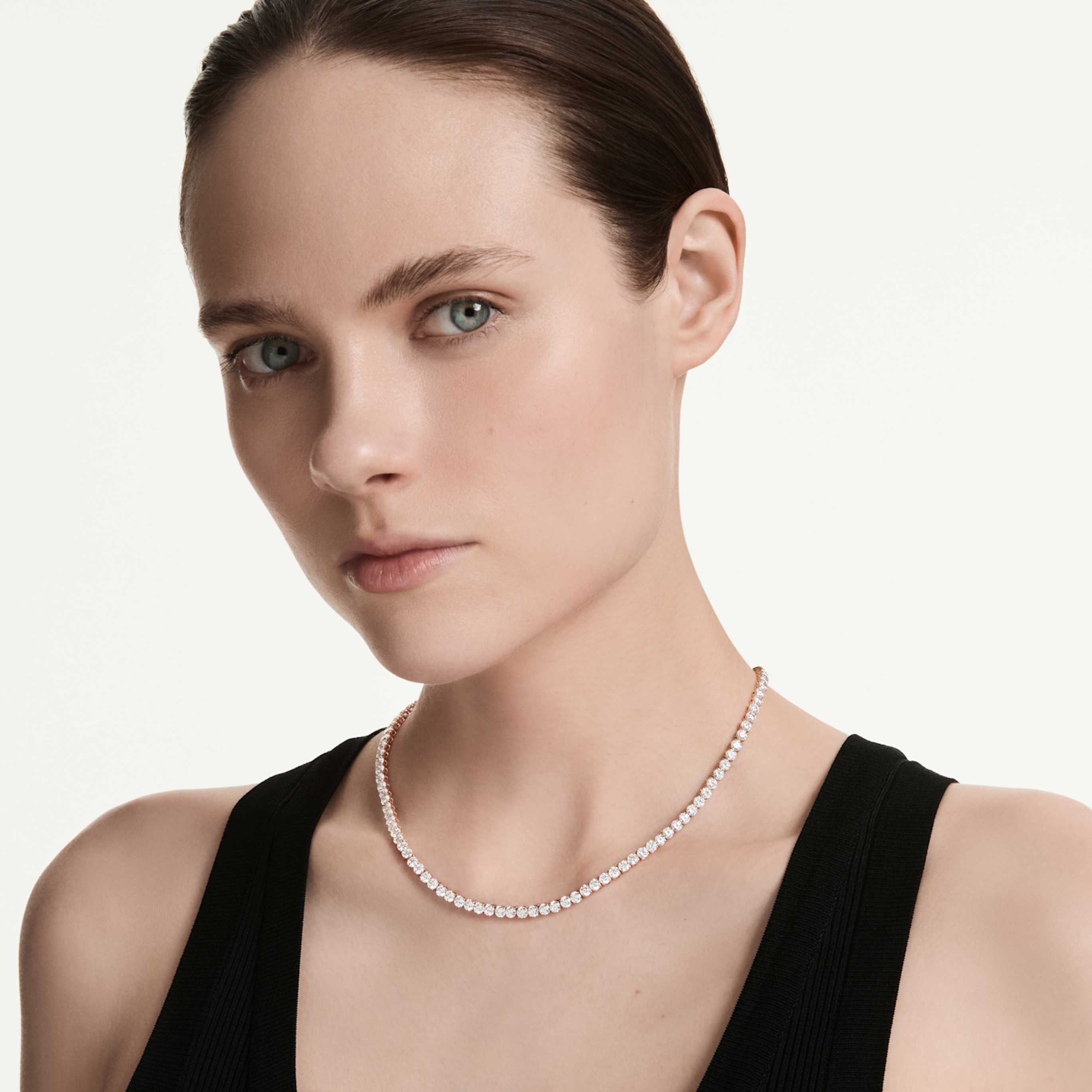 Swarovski Matrix Tennis necklace Round cut, Pink, 18K gold finish