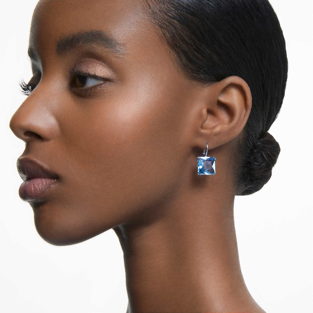 Swarovski Millenia drop earrings Square cut, Blue, Rhodium plated