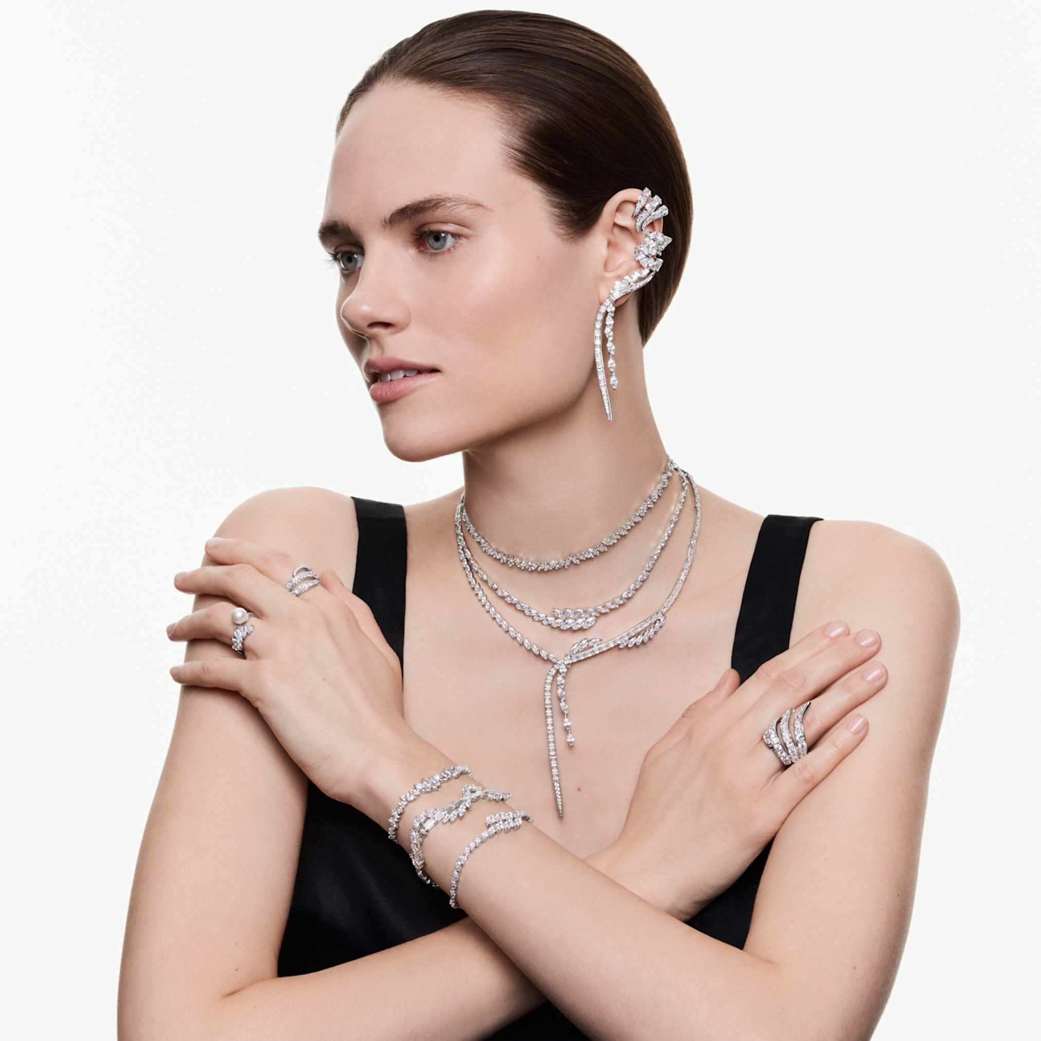 Swarovski Vienna ear cuffs Mixed cuts, Swan, White, Rhodium plated